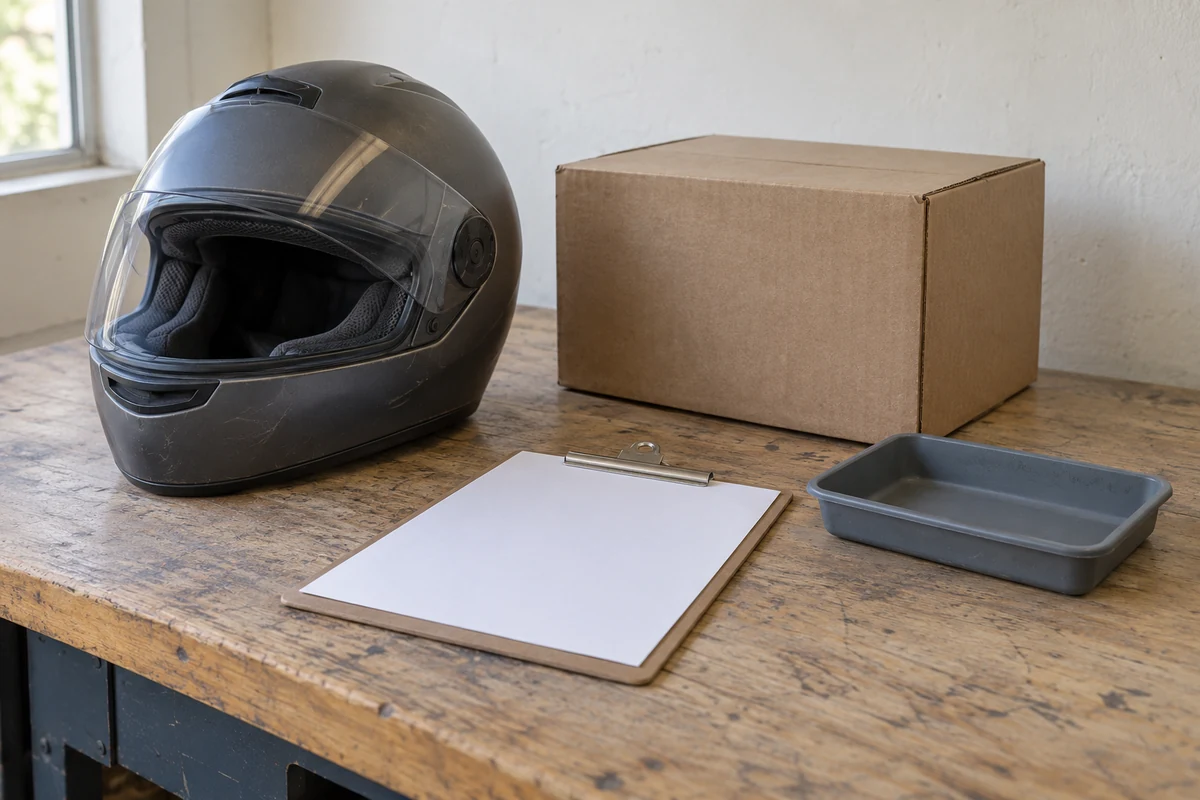Example of a helmet counter with a clipboard, key tray and packing carton