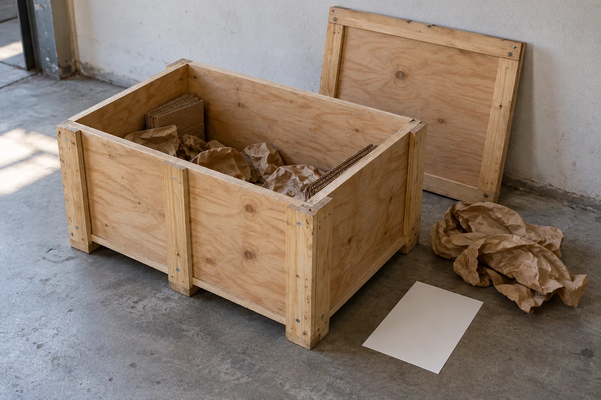 Example of an open shipping crate with packing material and an inventory sheet