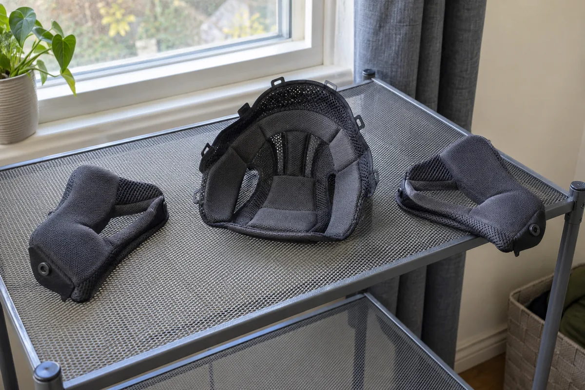 Example of separated textile comfort pads resting on a drying shelf by a window
