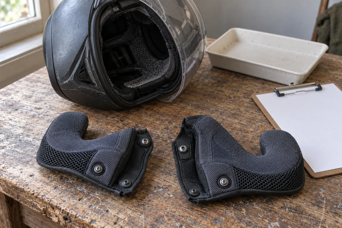 Example of helmet comfort-pad attachments and a blank handover record on a bench