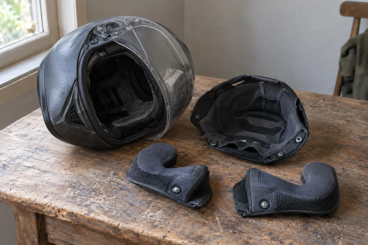 Example of a helmet beside separate textile crown and cheek comfort pads