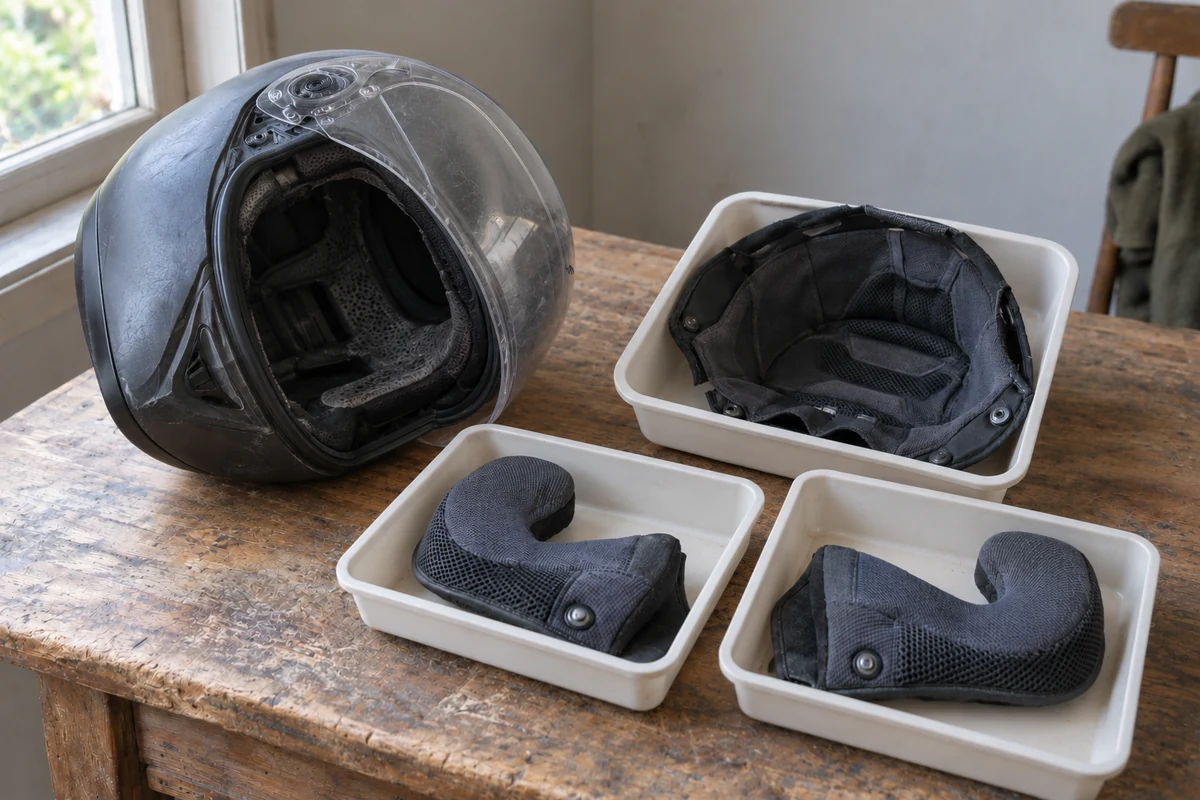 Example of textile helmet comfort parts kept in separate trays beside their helmet