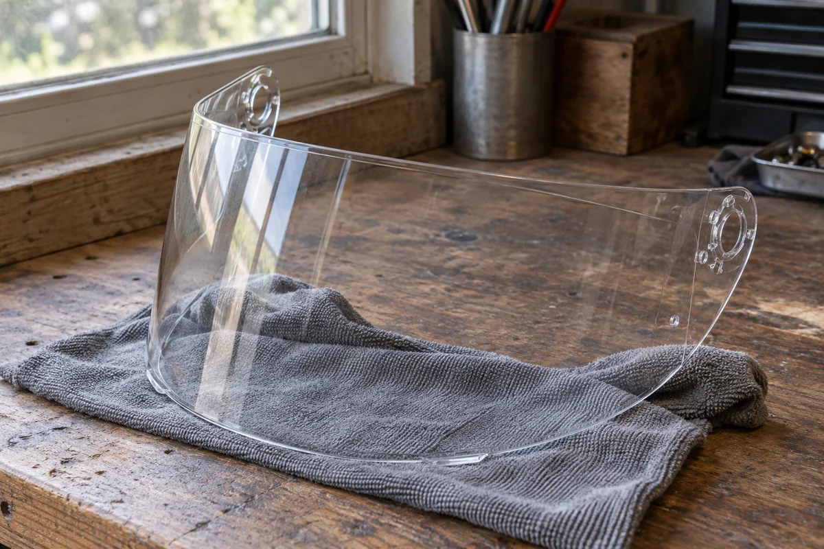 Example of a clear helmet visor checked against natural window light on a bench