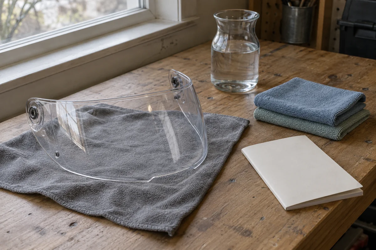Example of a clear visor, a water carafe, microfiber cloths and a blank instruction booklet on a bench