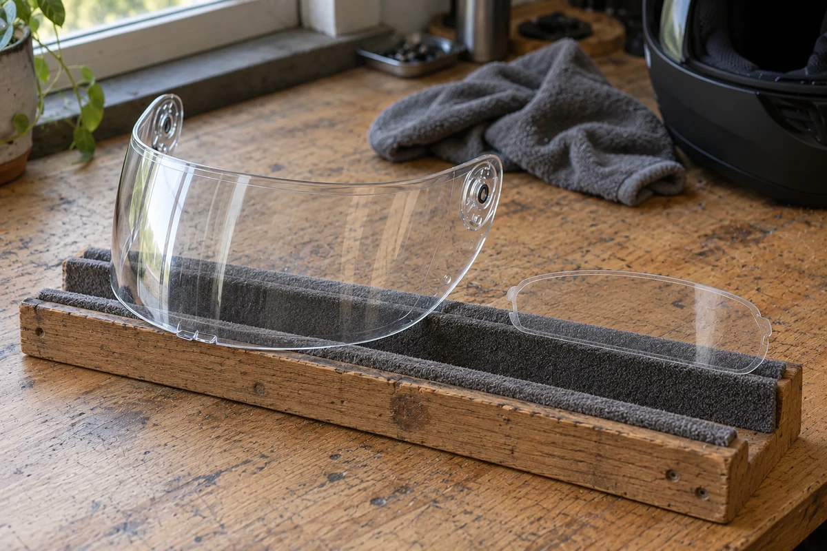 Example of a visor and a separate insert standing upright in a padded drying rack beside a helmet