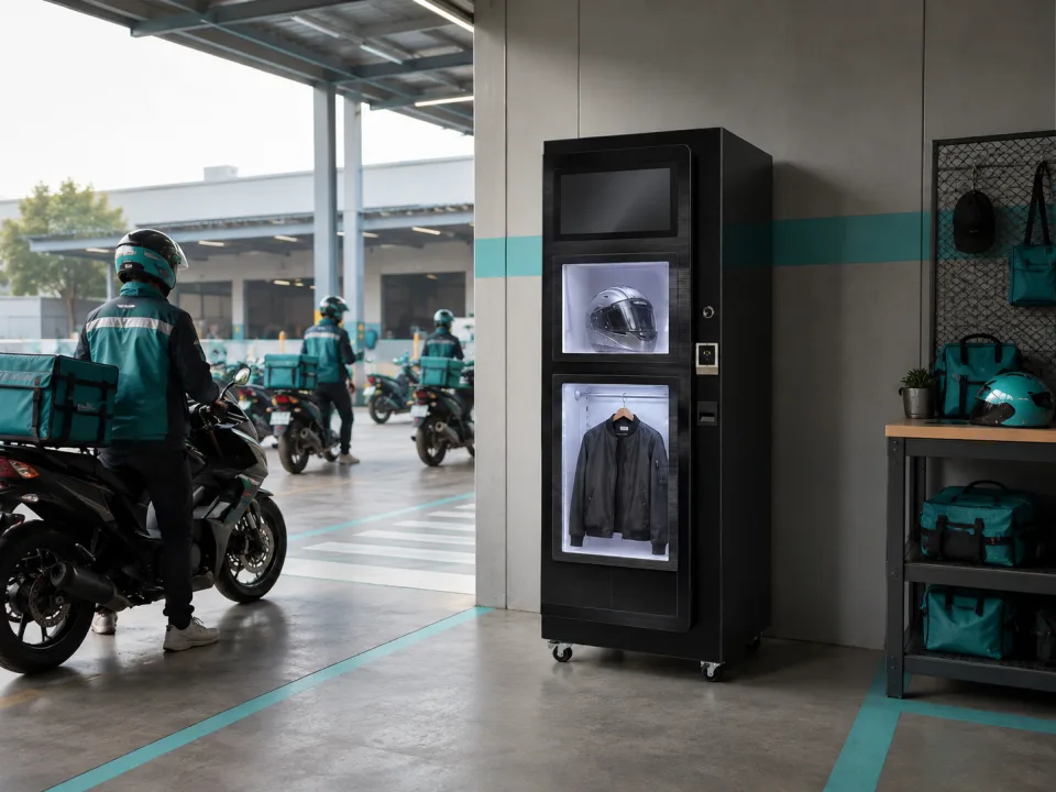 Helmet cleaning cabinet installed in a delivery fleet depot