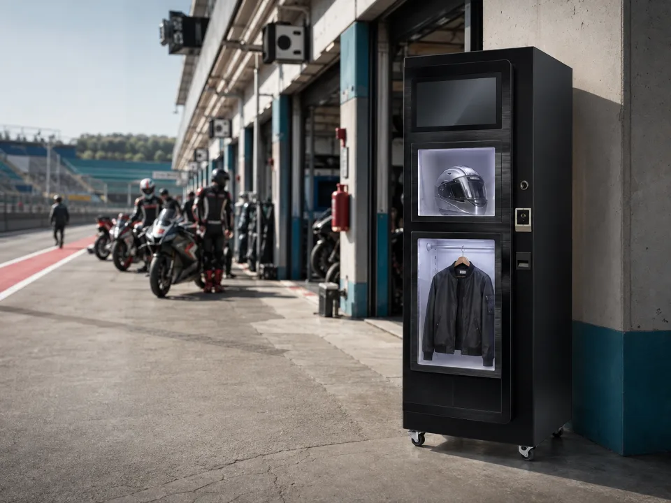 Helmet cleaning cabinet at a motorcycle race circuit paddock