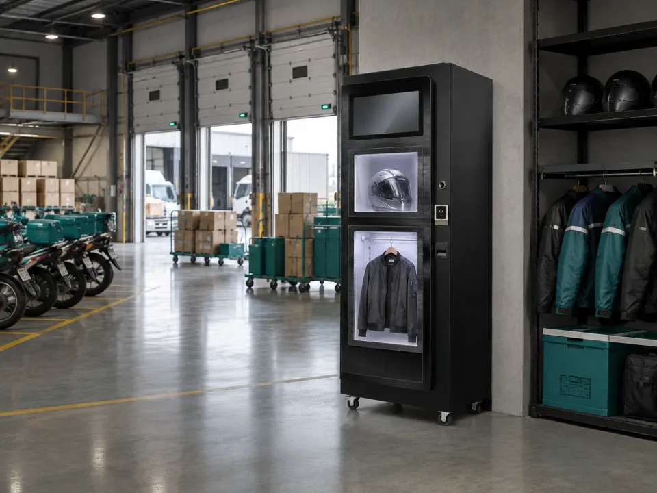 Helmet cleaning cabinet inside a logistics hub