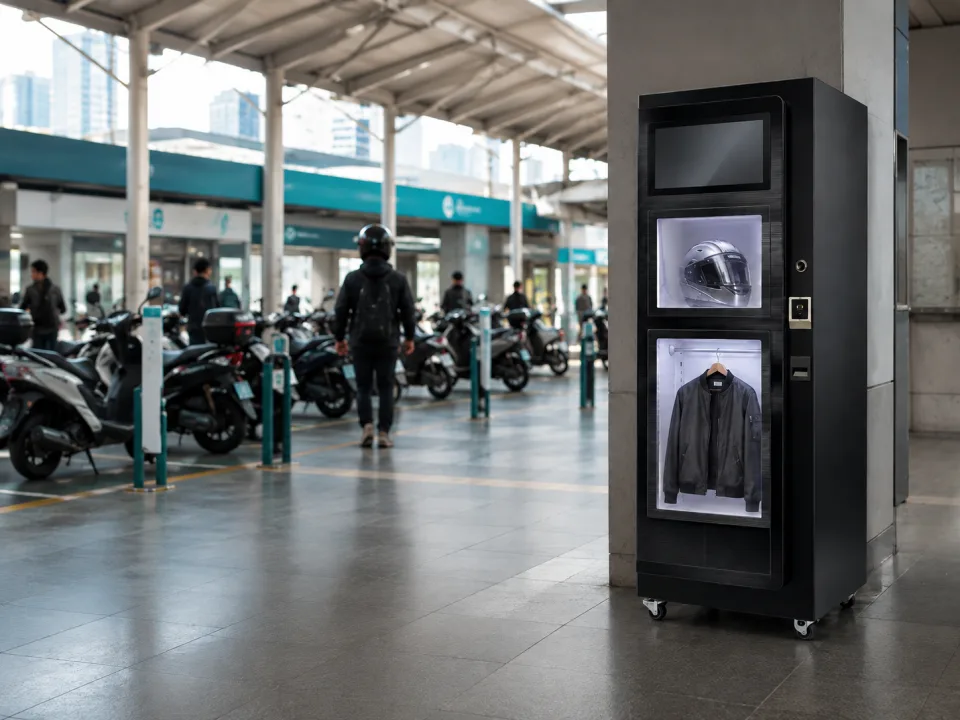 Helmet cleaning cabinet in an urban mobility terminal