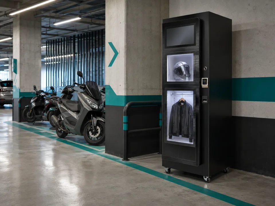Helmet cleaning cabinet in a public motorcycle parking facility