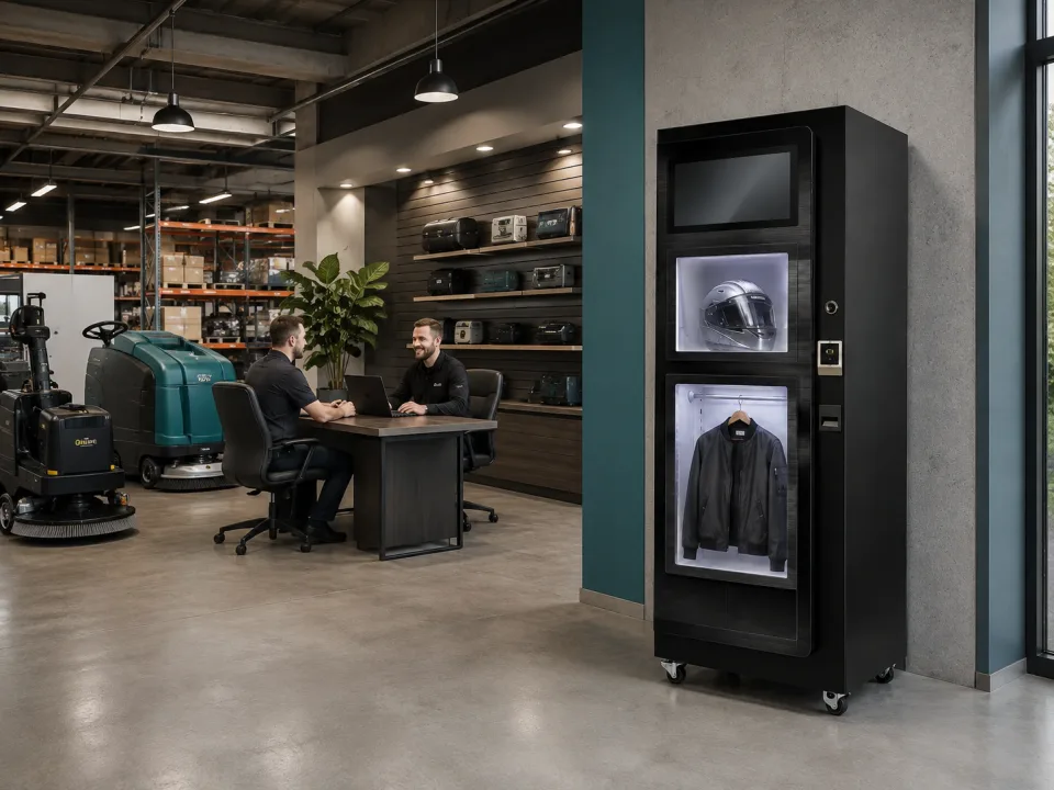 Helmet cleaning cabinet in a regional distributor showroom