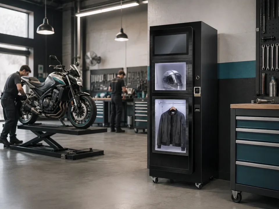 Helmet cleaning cabinet inside a motorcycle repair workshop