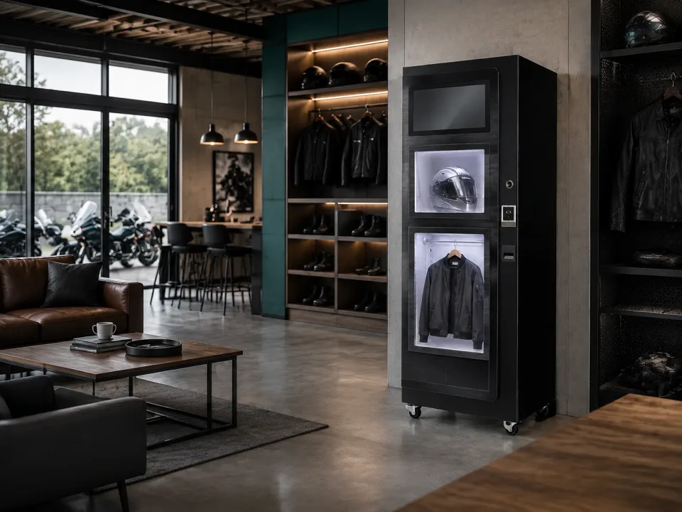 Helmet cleaning cabinet in a motorcycle riding club clubhouse