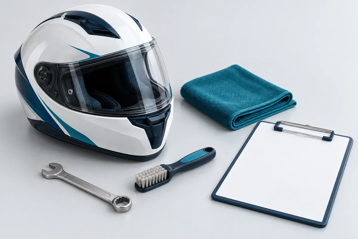Illustration of a helmet, cloth, brush and inspection clipboard for routine care