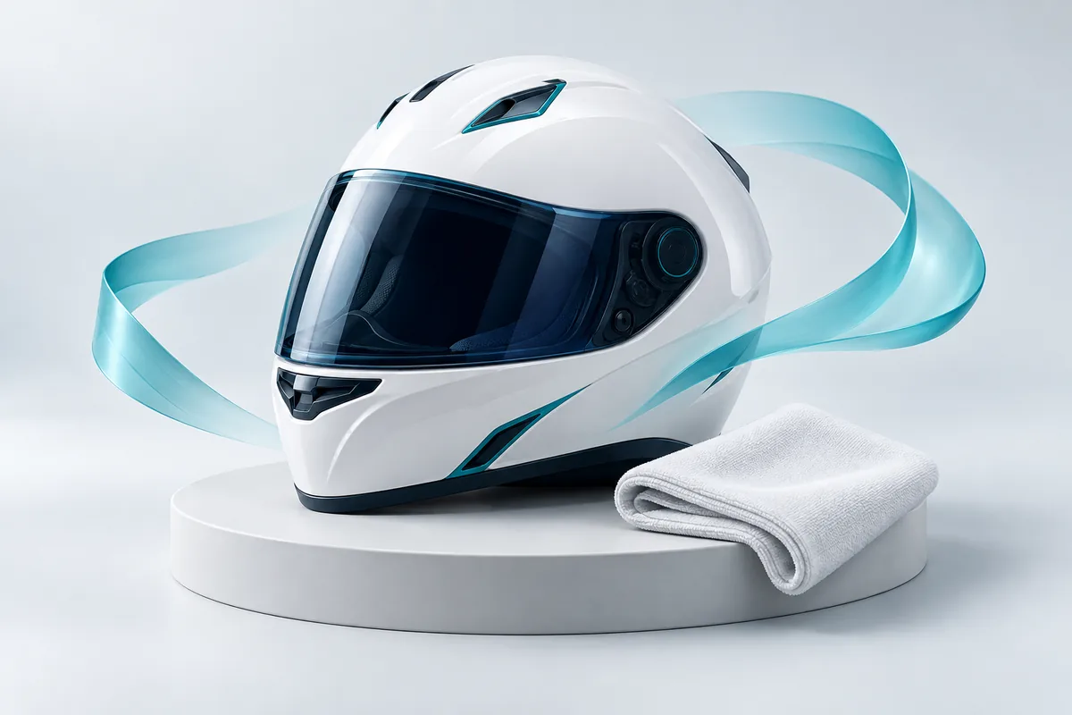Illustration of a helmet with symbolic airflow ribbons and a care cloth
