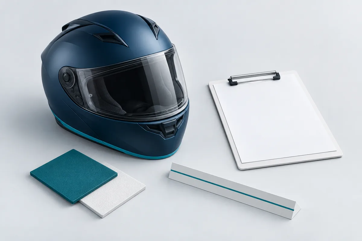 Illustration of a helmet, clipboard and measuring tools for equipment selection