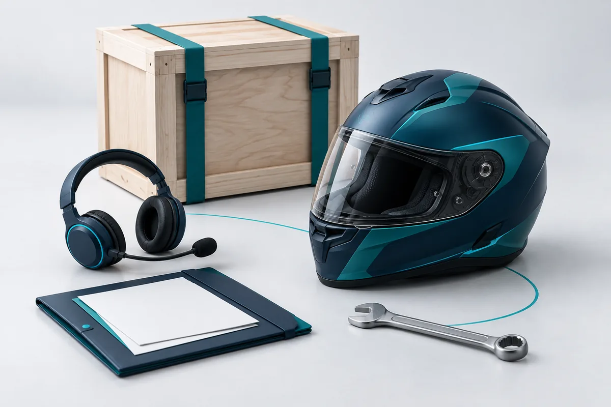 Illustration of a helmet, shipping crate, documents and support headset