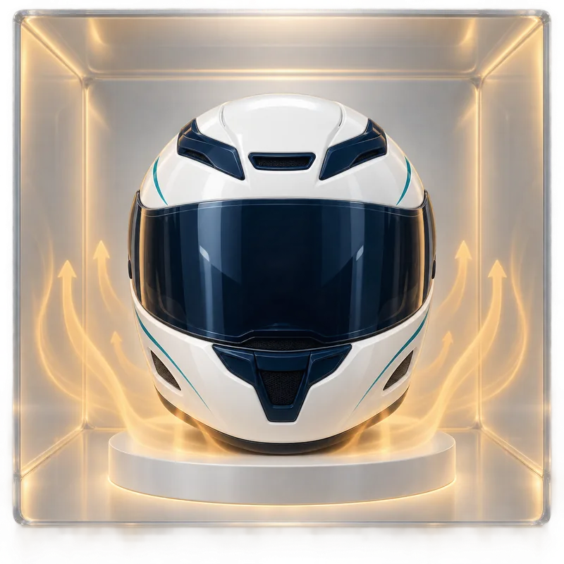 Concept illustration of warm air surrounding a helmet inside an enclosed chamber
