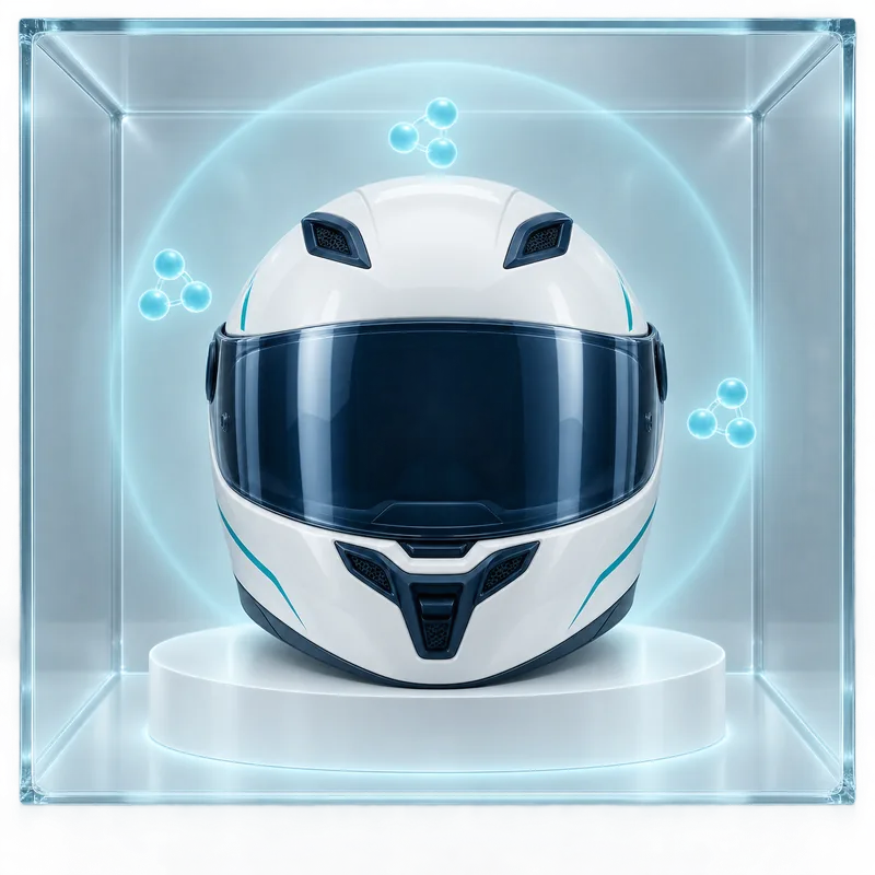 Concept illustration of a helmet with symbolic ozone molecules inside an enclosed chamber