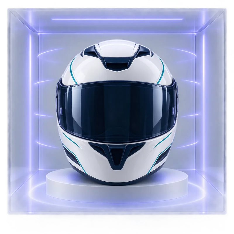 Concept illustration of UV treatment around a helmet within a closed chamber