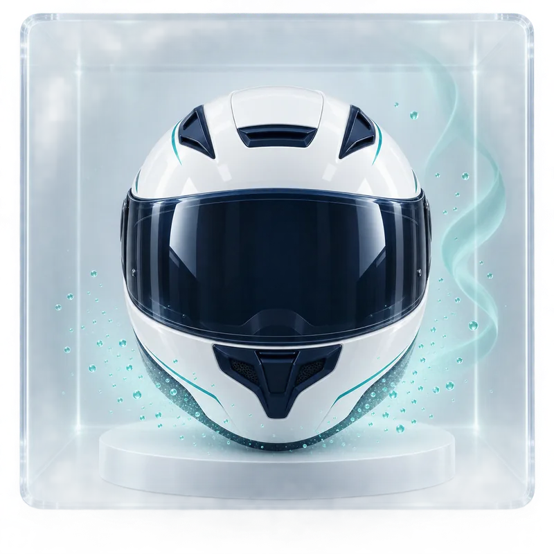 Concept illustration of a fine spray around a helmet during the cleaning and fragrance stage inside an enclosed chamber
