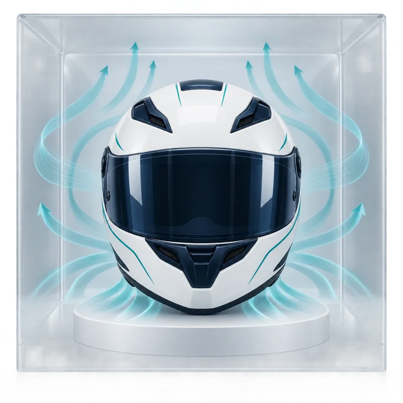 Concept illustration of circulating drying air around a helmet inside an enclosed chamber