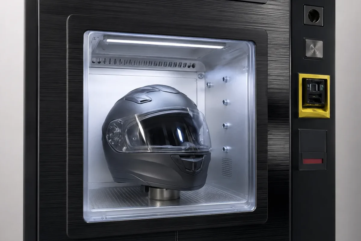 Commercial stainless-steel helmet sanitizing chamber interior showing top optical irradiation bar, four side ultrasonic dry-mist atomization nozzles, and perforated warm-air base platen holding a full-face helmet