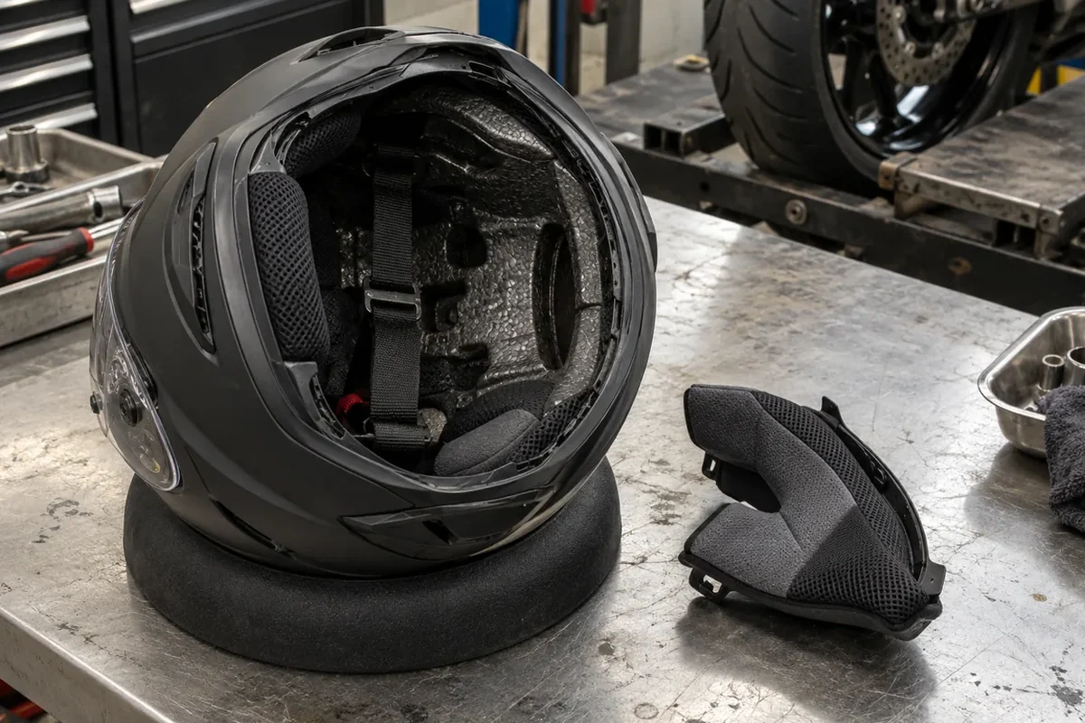 Inverted matte-black full-face motorcycle helmet on a padded bench ring with one 3D polyurethane cheek pad removed to expose the black molded EPS impact liner and chin-strap anchor
