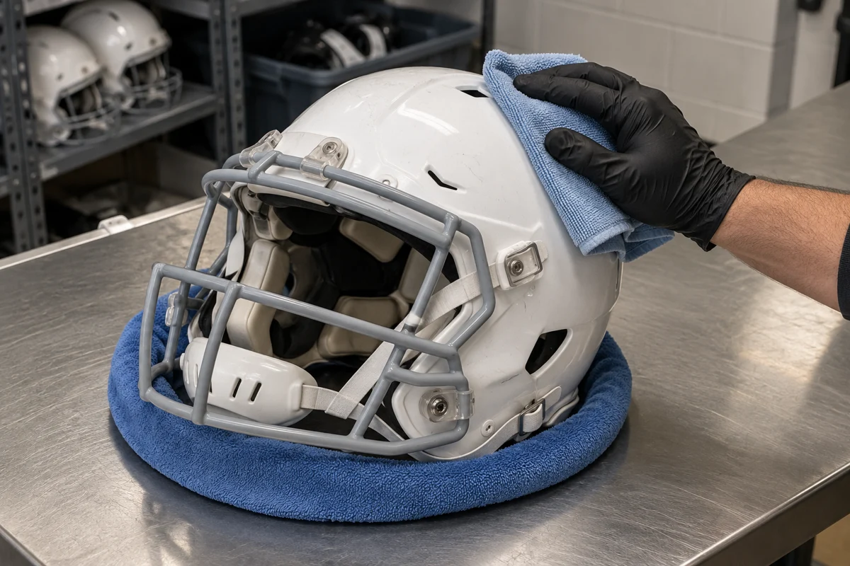 A gloved hand wipes a white football helmet shell while its faceguard and chin cup remain attached
