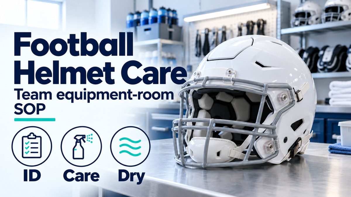 Football Helmet Care banner with ID, Care and Dry icons beside a white football helmet