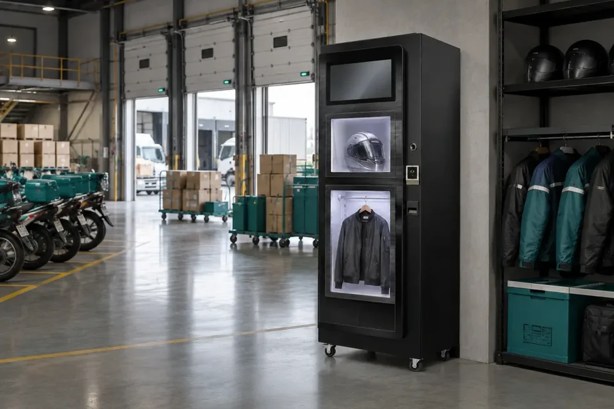 Commercial dual-compartment helmet and jacket sanitizing cabinet positioned beside a multi-tier fleet helmet storage rack inside a delivery motorcycle logistics hub