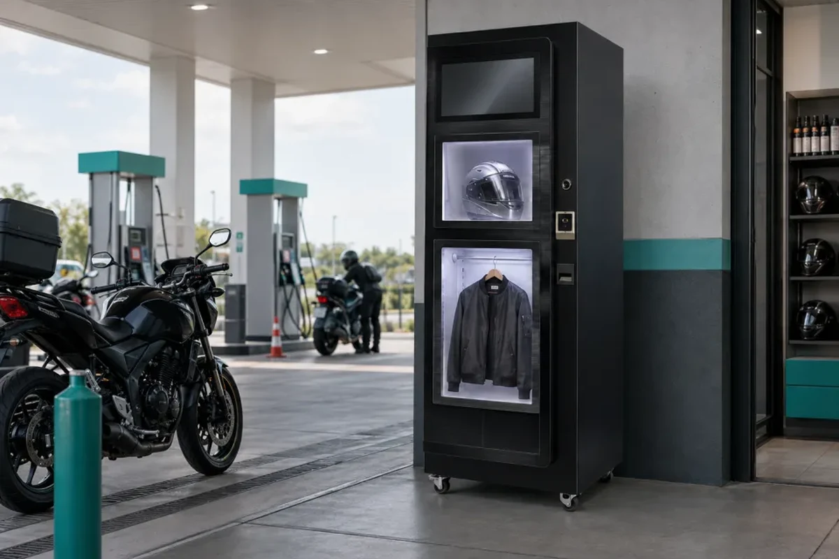 Standalone commercial self-service helmet cleaning vending kiosk installed at an outdoor 24/7 fuel station plaza beside parked motorcycles