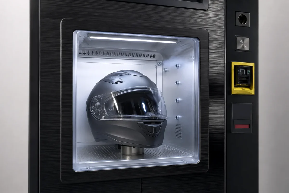 Close-up internal inspection view of a commercial helmet cleaning chamber showing the top 253.7 nm UV-C quartz lamp bar, four side ultrasonic dry-mist atomization nozzles, bottom perforated PTC forced-air platen, and right-side MDB cashless payment bezel