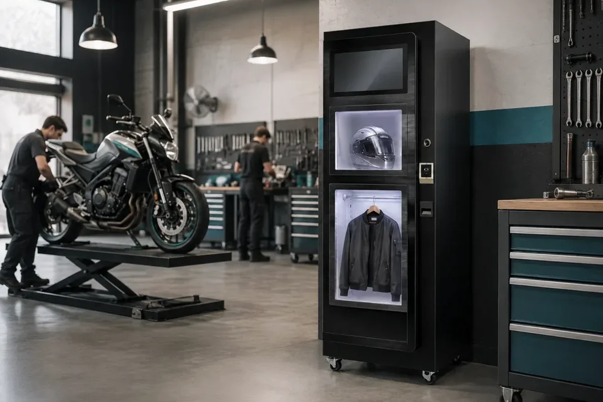 Commercial dual-chamber helmet and gear sanitizing cabinet positioned inside a motorcycle service workshop bay next to technician tool cabinets for scheduled preventive maintenance