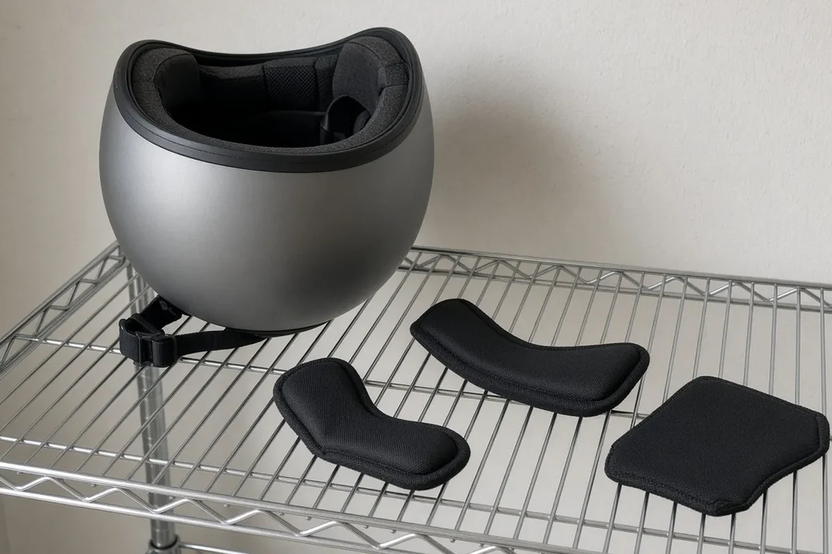 Sanitized helmet shell and detached 3D comfort liner pads staged on a ventilated chrome wire drying and release inspection rack