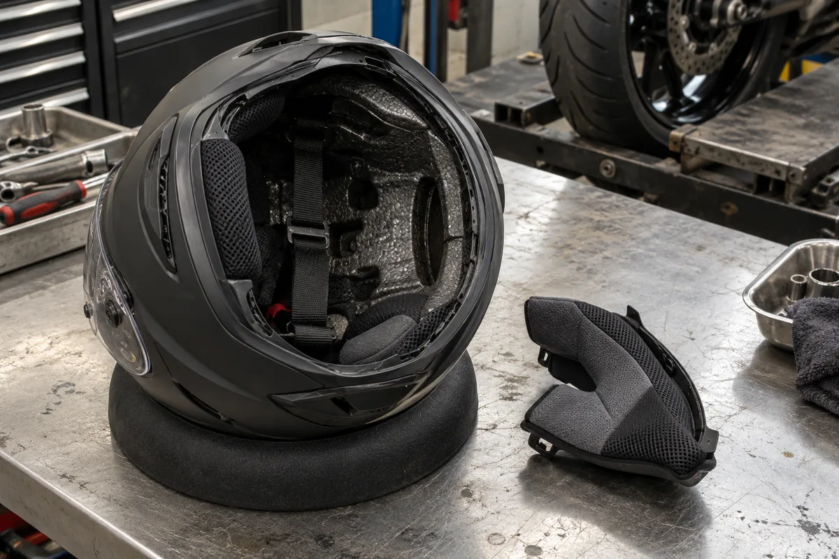 Helmet service technician performing Stage 1 intake inspection and comfort liner pre-check on a stainless steel workshop bench with a padded helmet ring and microfiber cloth
