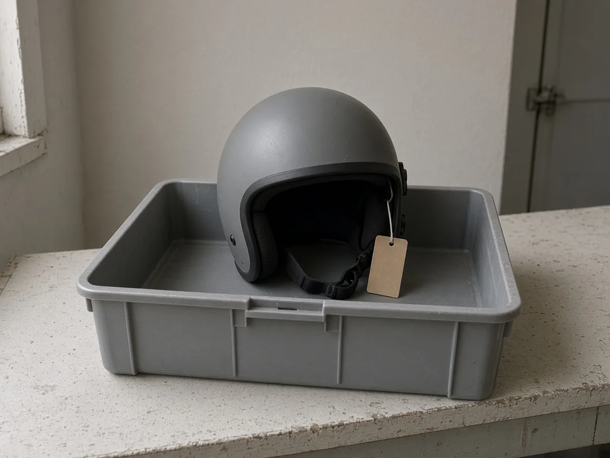A grey open-face helmet with a blank tag on its strap sits in a grey plastic bin on a workbench