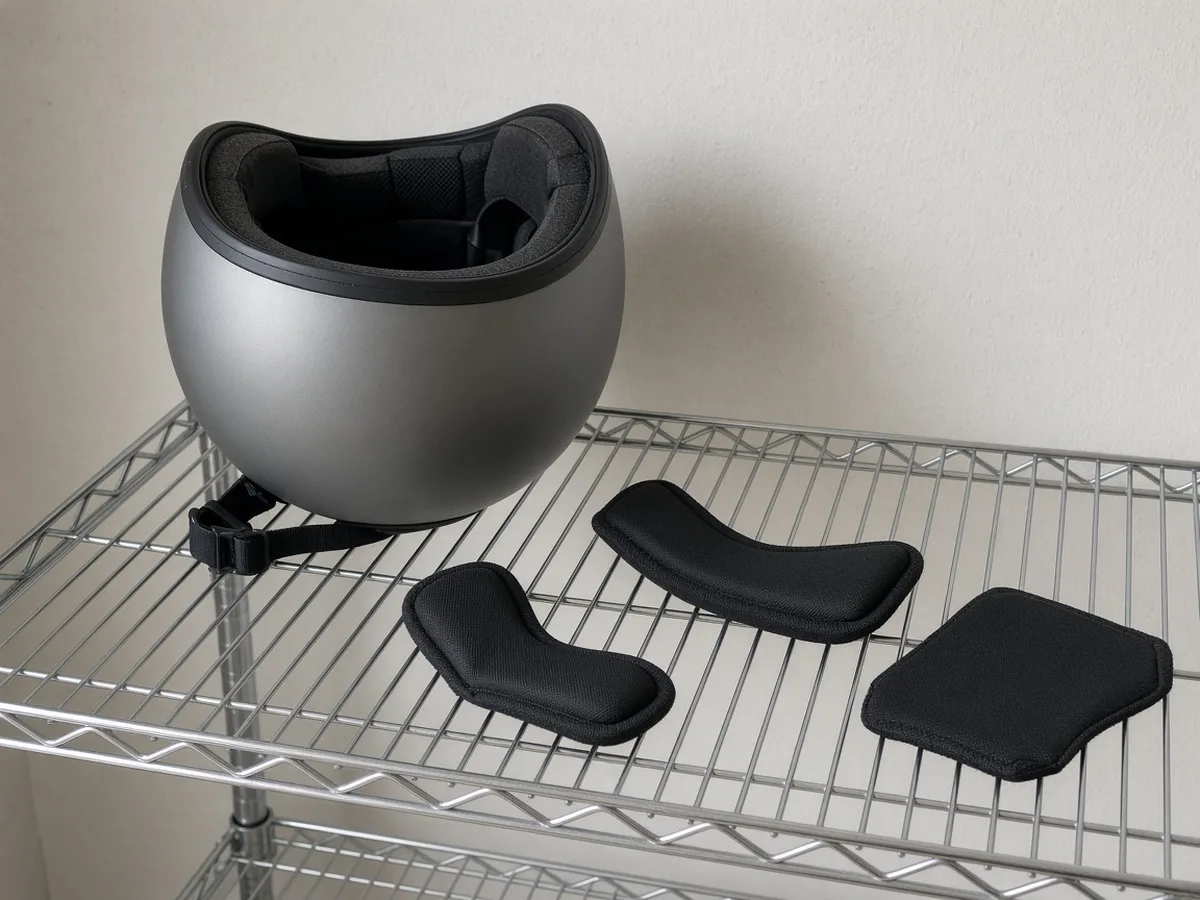 A grey helmet sits upside down on a wire shelf beside three black fabric pads laid out separately