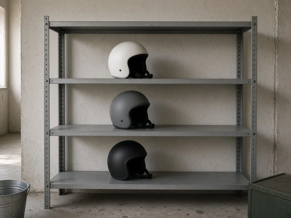 Three open-face helmets in white, grey and black sit one per shelf on a metal shelving unit