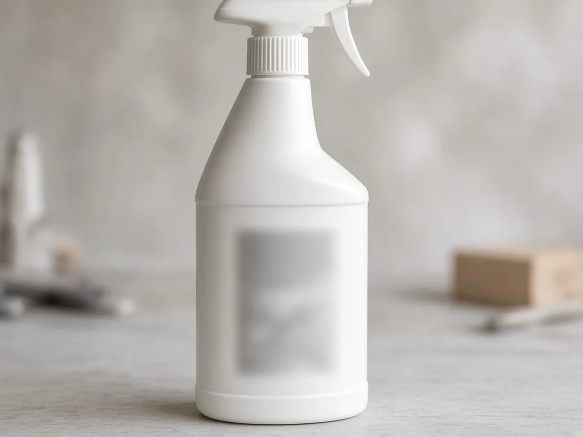 The back of a spray bottle with a rectangular panel out of focus