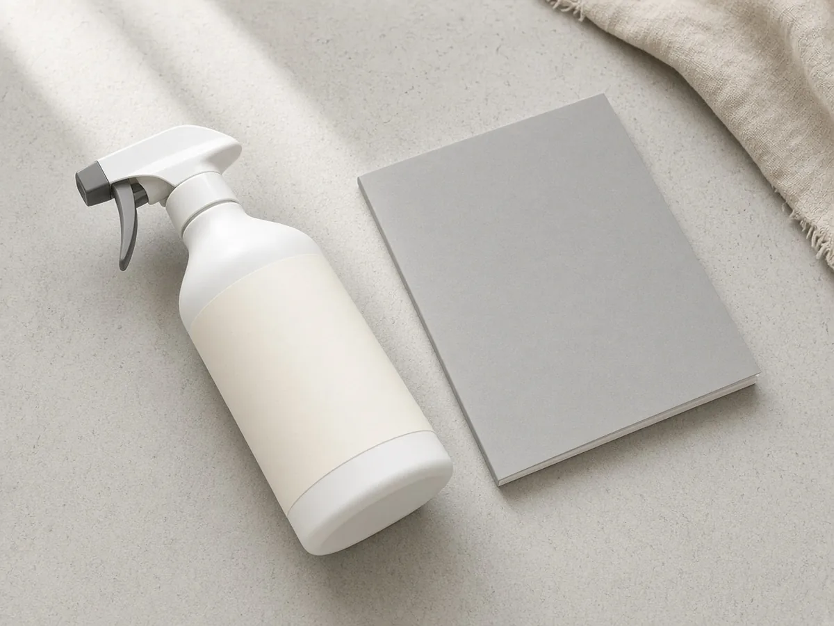 A spray container with a blank label lying beside a closed booklet on a workbench