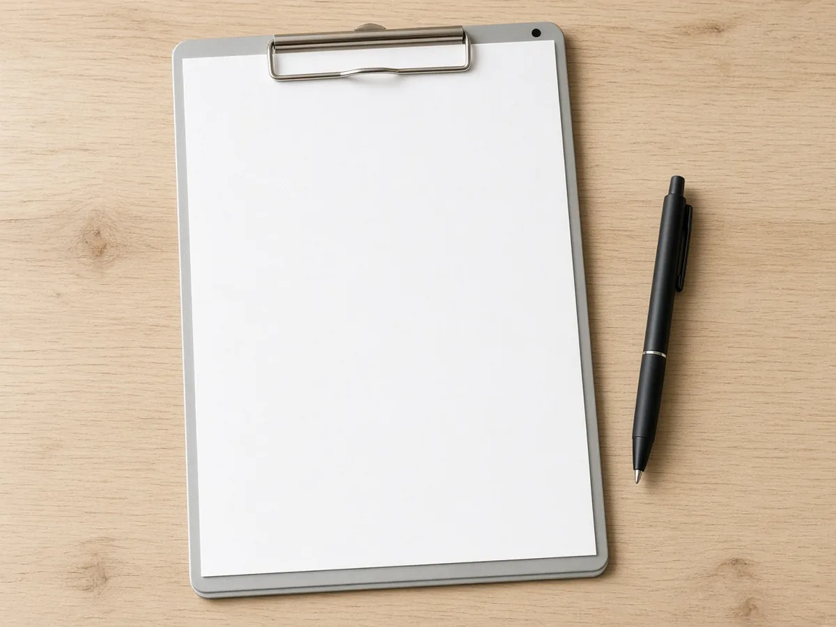 A blank sheet of paper on a clipboard beside a pen