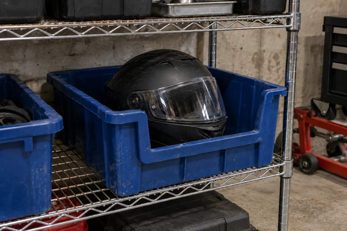 A matte-black full-face motorcycle helmet with closed clear visor resting inside a dark blue plastic tote bin on a galvanized steel wire rack