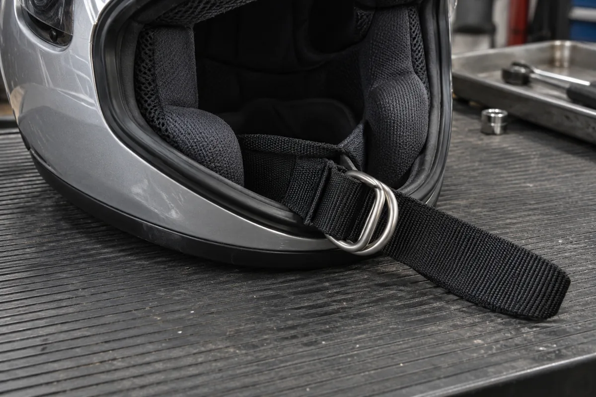 Close-up of an inverted silver-grey full-face motorcycle helmet showing the woven black nylon chin strap, brushed steel double D-rings, rubber edge beading, and cheek pad edge
