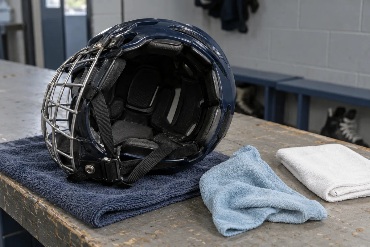 A hockey helmet rests on its side with interior padding visible beside blue and white cloths