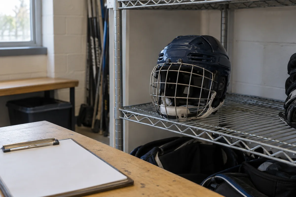A hockey helmet stands on an open wire shelf with a blank clipboard on the bench in front