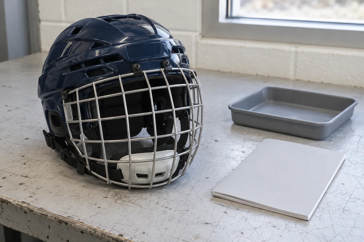 A navy hockey helmet with a silver wire cage beside a blank booklet and an empty gray tray