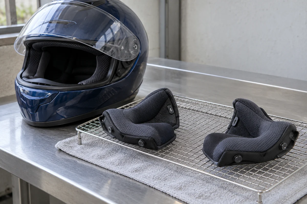 Example of separate fabric comfort pads on an open drying rack beside a motorcycle helmet