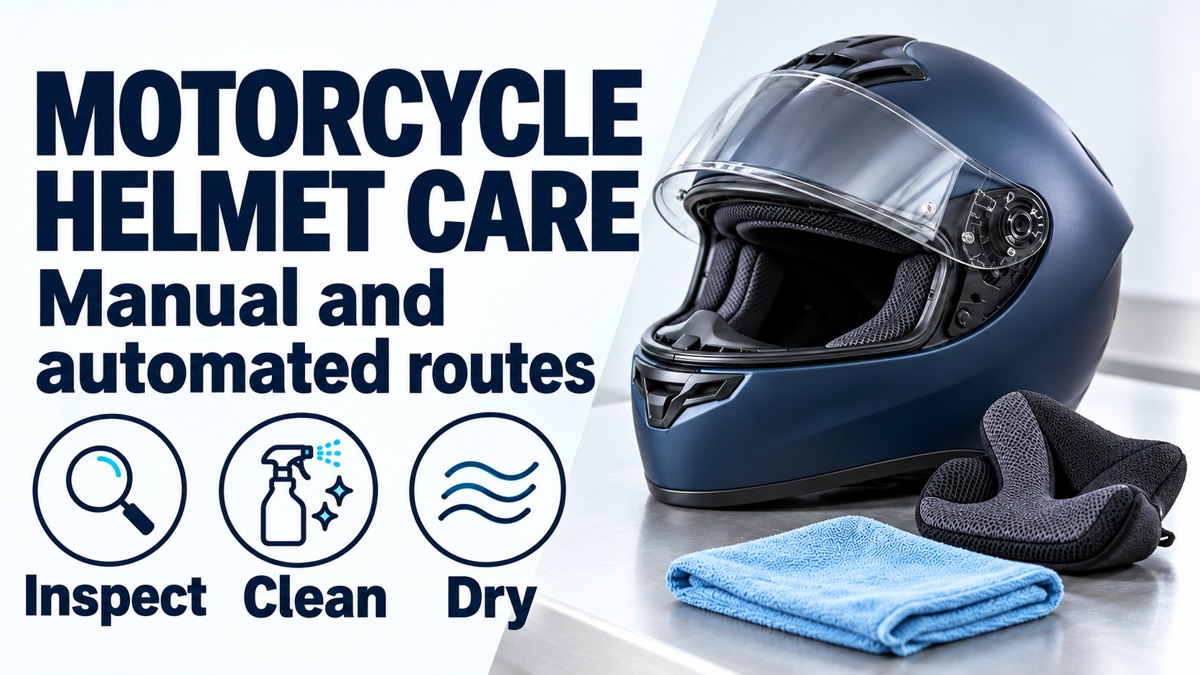 Motorcycle helmet care banner with Inspect, Clean and Dry icons beside a helmet and comfort pad