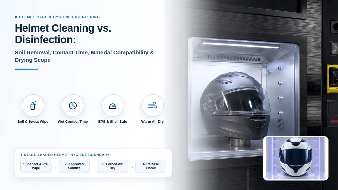 Technical engineering overview comparing helmet cleaning, sanitizing, and disinfection across soil removal, wet contact time, EPS material compatibility, and warm-air drying